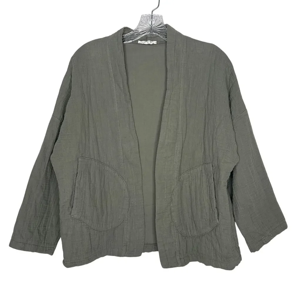 Moonsun Italian Gauze Cotton Olive Open Jacket open front pockets small